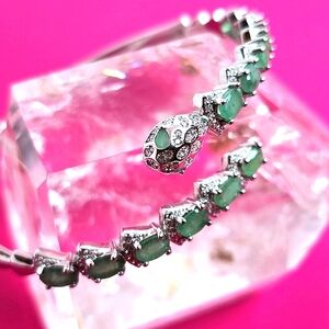 Natural Emerald & CZ 925 Sterling Silver Snake Bangle Bracelet